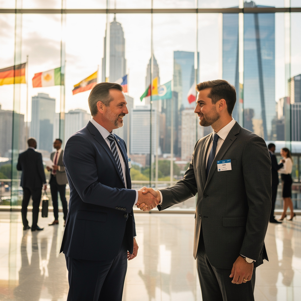 Two international businessmen shaking hands in a professional setting representing cross-border contracts in Iran