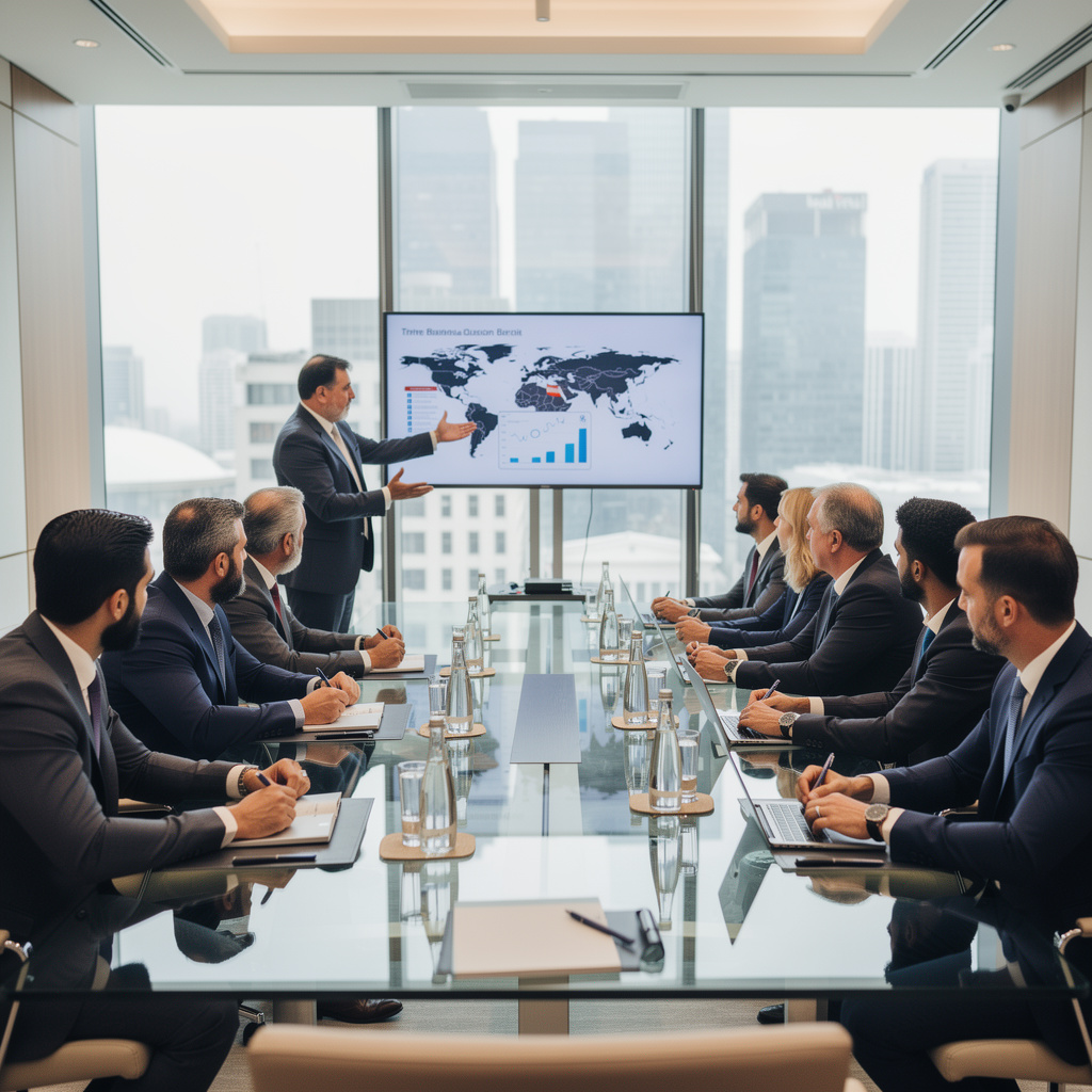 Professional meeting between Iranian and international business representatives in a conference room