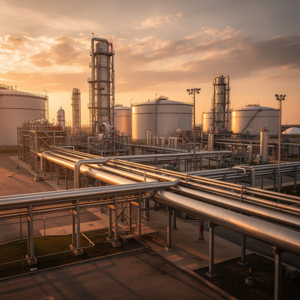 Oil and gas facility at sunset representing energy sector contracts in Iran