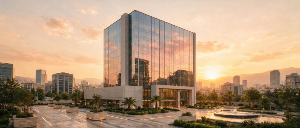 Modern glass office building in Tehran representing company registration for foreign investors