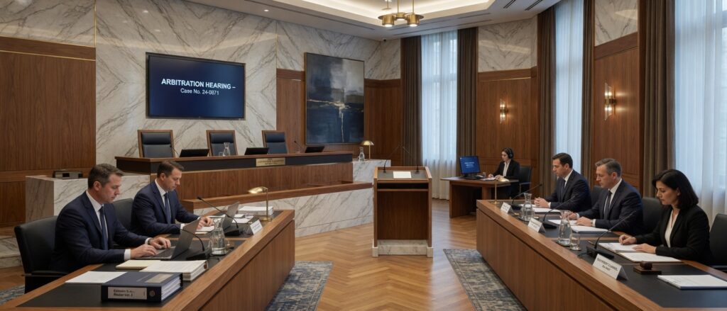 Formal arbitration hearing room with professional atmosphere representing dispute resolution in Iran
