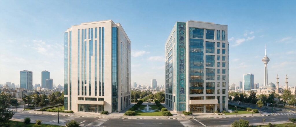 Two modern office buildings side by side in Tehran symbolizing branch office and subsidiary structures
