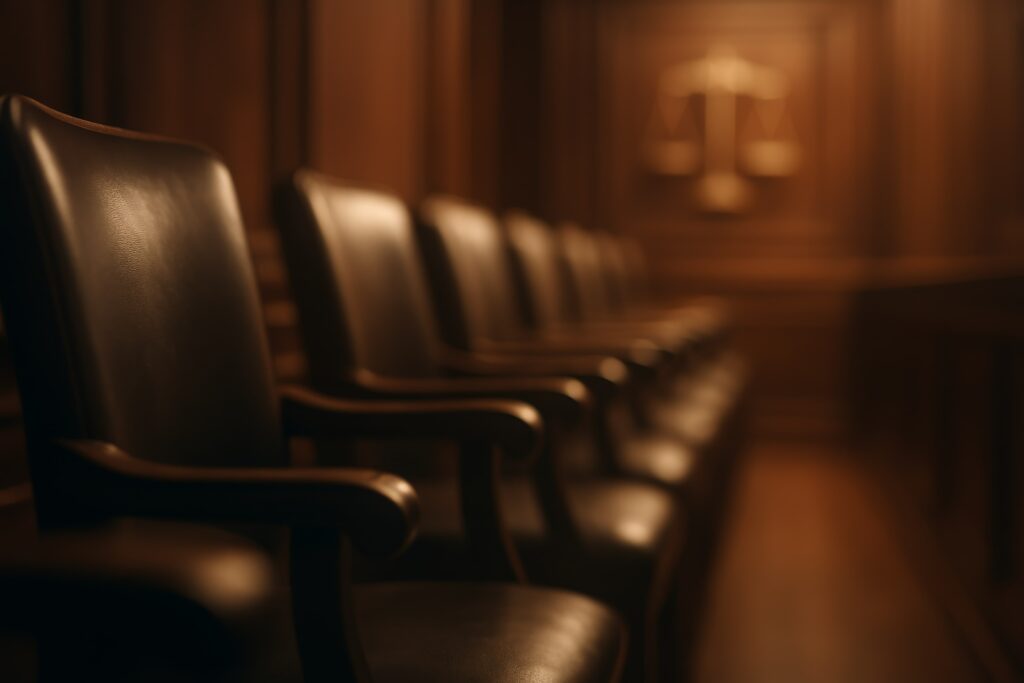 Courtroom seating representing Milani Law Firm's litigation and dispute resolution practice
